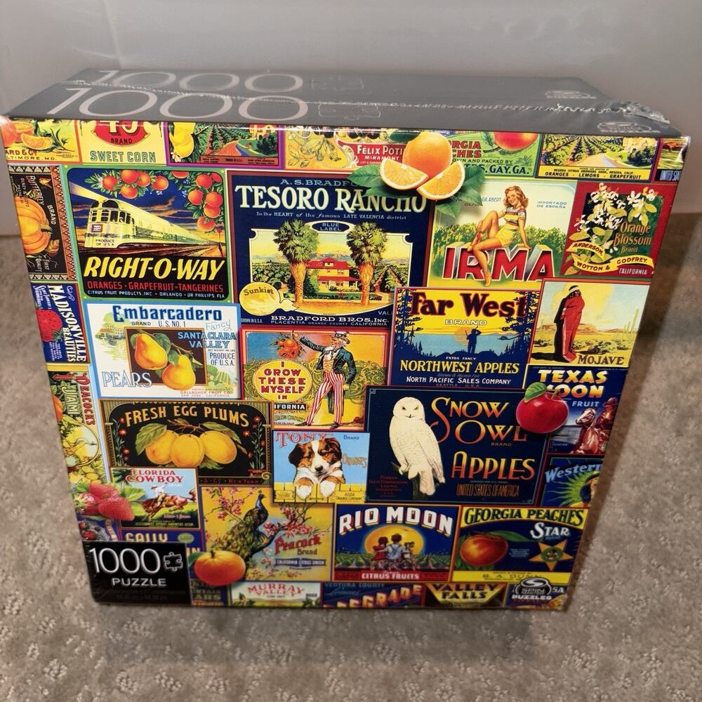 Spin Master 2-Pack of 1000 Piece Jigsaw Puzzles Retro Comics & Fruit Labels NEW